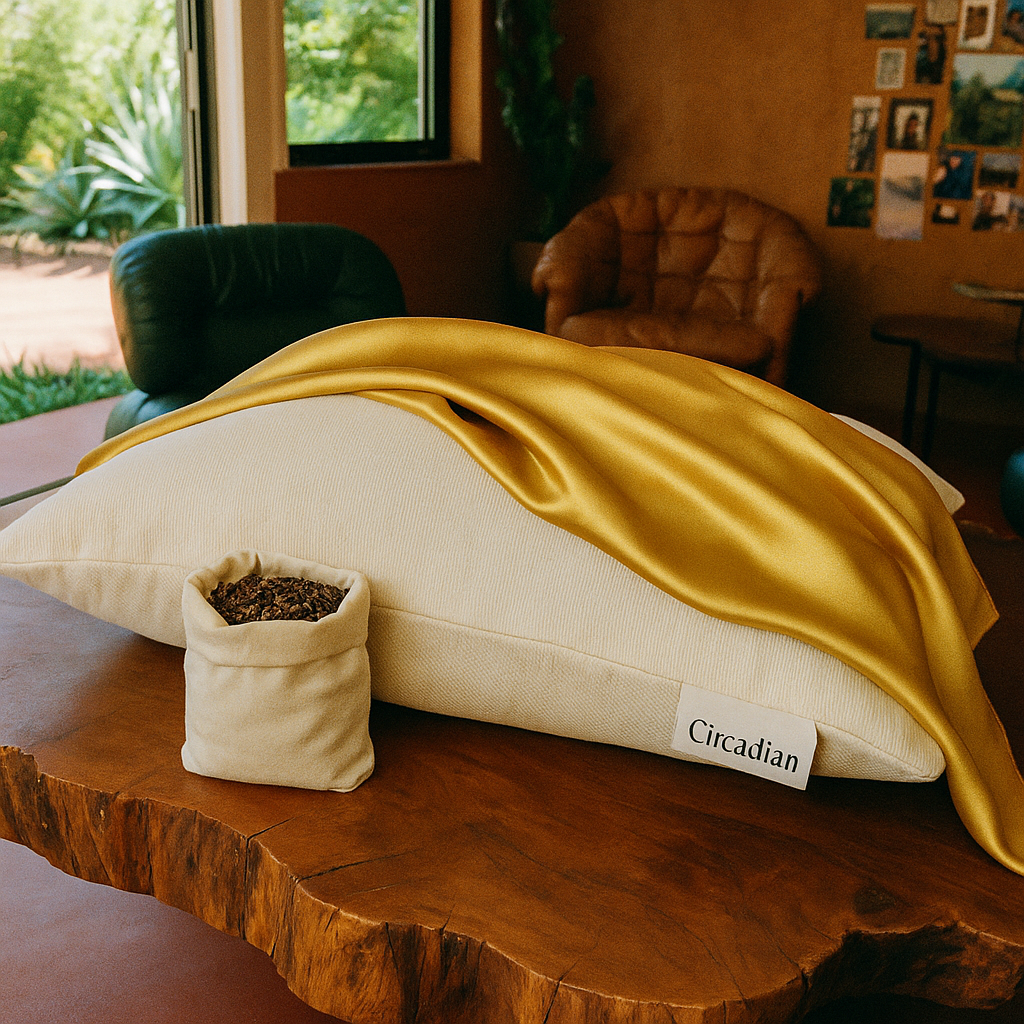 Circadian buckwheat pillow — organic cotton cover, adjustable buckwheat hull fill — Circadian