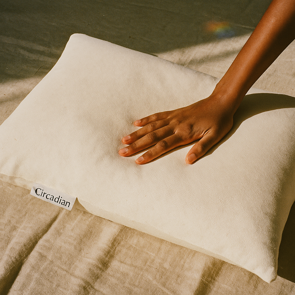 Circadian buckwheat pillow — organic cotton cover, adjustable buckwheat hull fill — Circadian