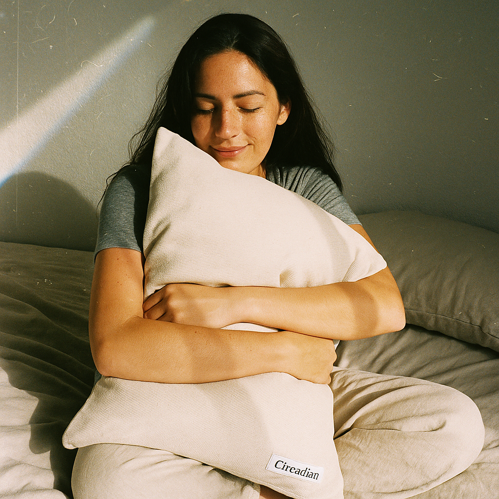 Smiling woman holding an upgraded buckwheat pillow—emphasizing the difference in neck support and sleep comfort.