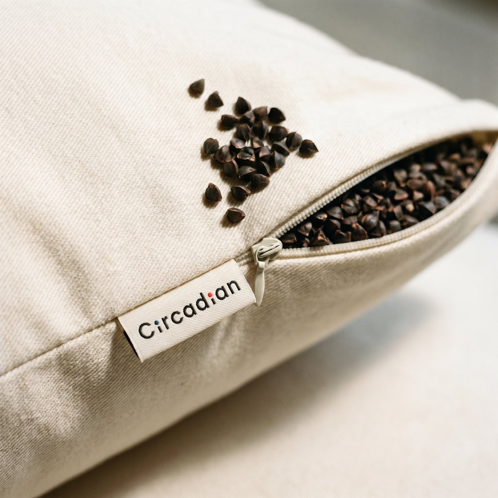 Macro of pre-polished USA-grown buckwheat hulls in Circadian Buckwheat Pillow