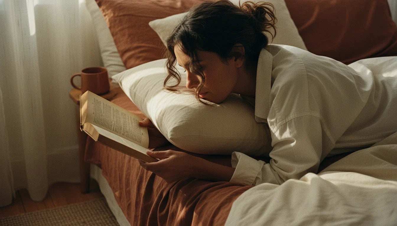 Latina woman reading face-down on a cream cotton Circadian pillow, warm morning light - editorial lifestyle shot