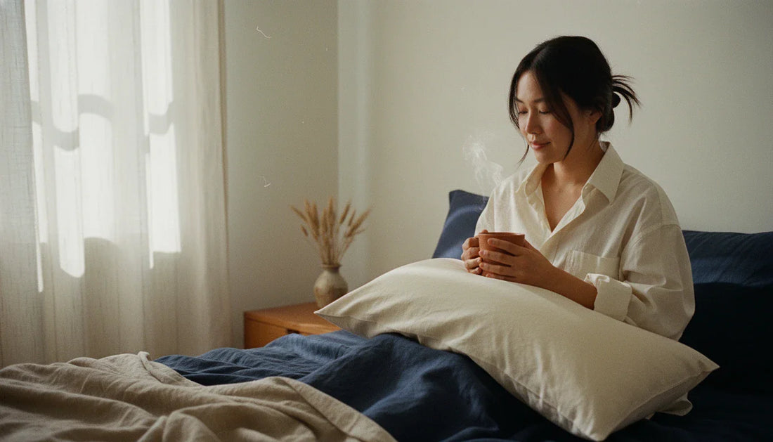 Woman with ceramic mug resting on cream cotton pillow with deep navy linen sheets - warm morning lifestyle shot