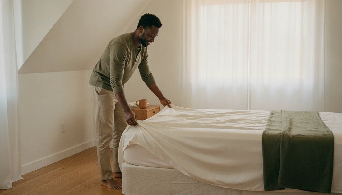 Man smoothing a cream organic cotton sateen fitted sheet over a mattress in a bright bedroom