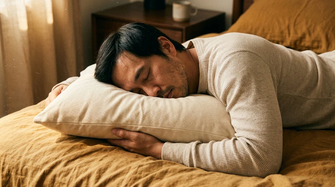 East Asian man sleeping on side on cream rectangular natural latex pillow — warm editorial lifestyle shot