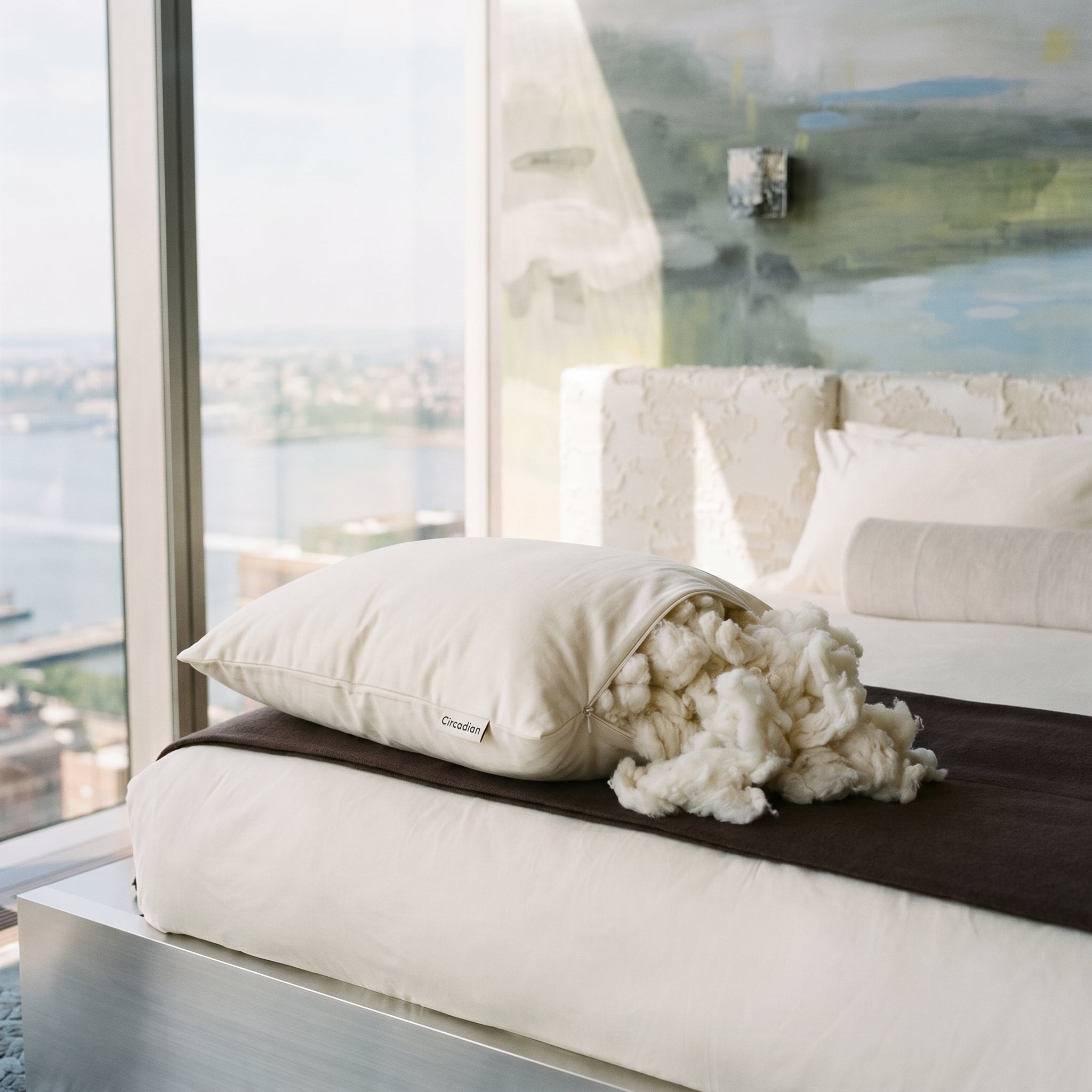 Circadian Organic Cotton Pillow with cotton fill bursting from side zipper, NYC bedroom view