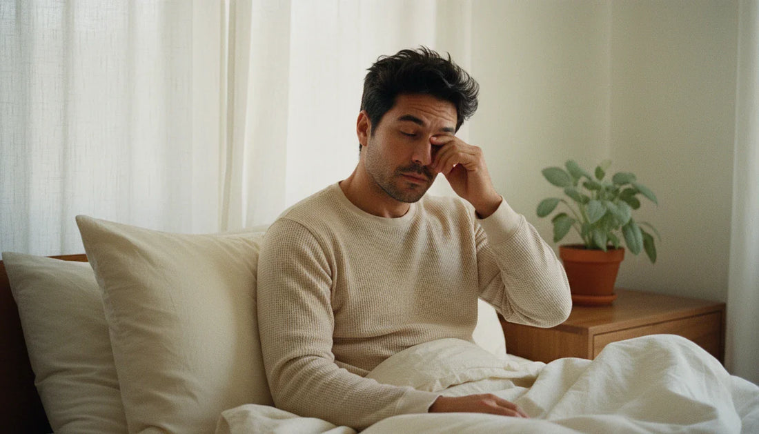 Woman hugging cream rectangular pillow to chest, face turned away — warm editorial lifestyle shot