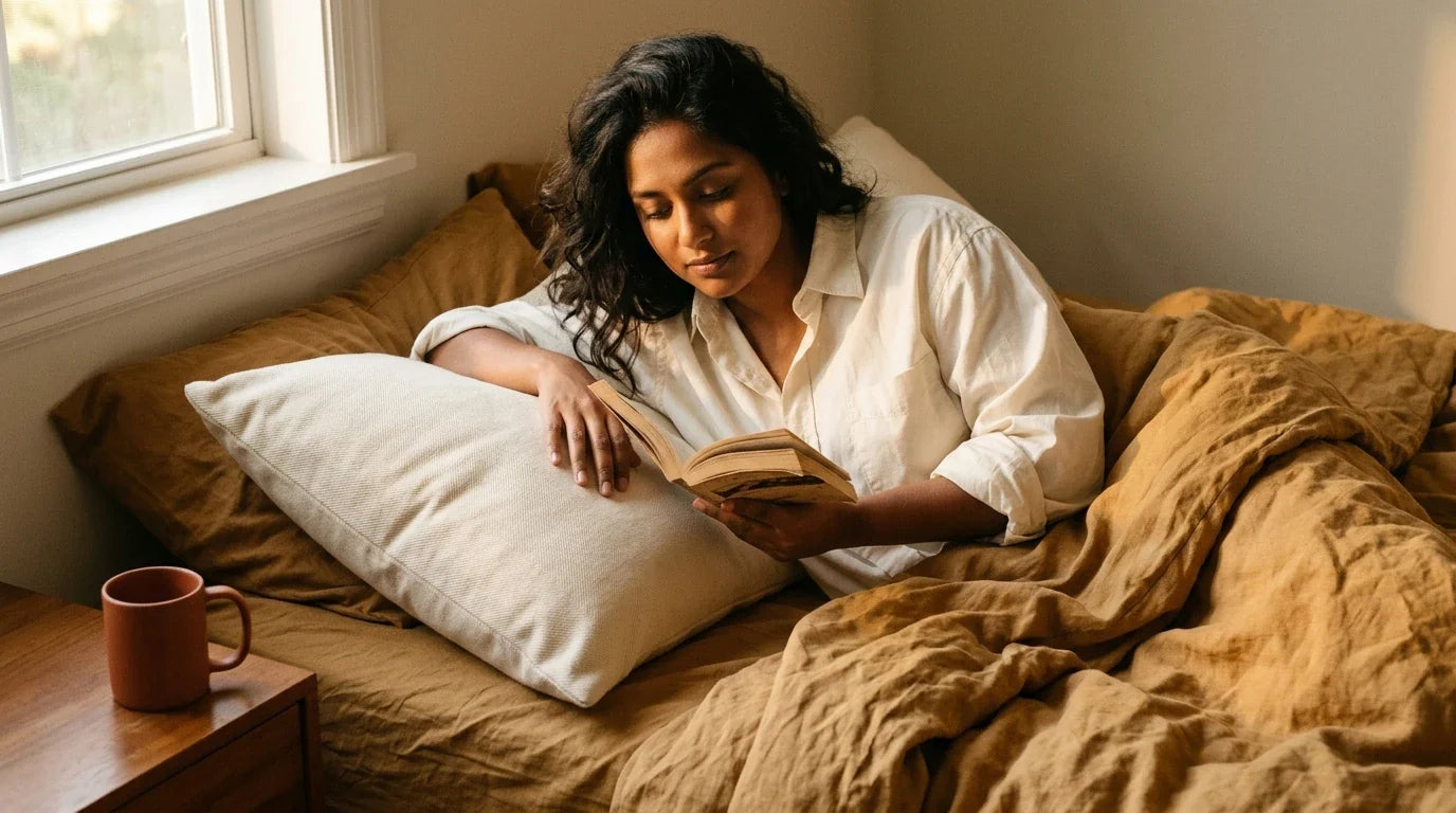 South Asian woman reading in bed propped on cream rectangular pillow — warm morning light, ochre linen, terracotta mug