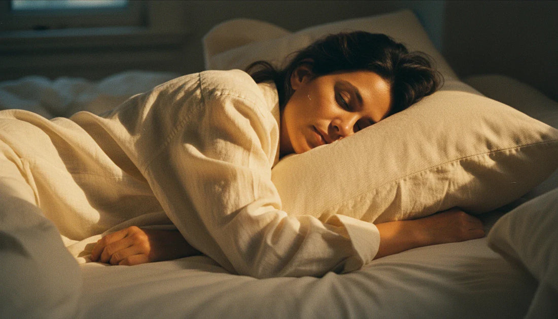 Woman sleeping face-down on cream organic cotton pillow — warm editorial lifestyle shot