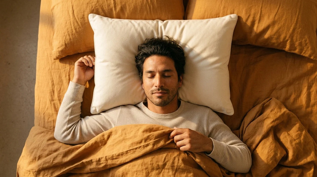 Hispanic man sleeping peacefully on back with cream organic wool pillow — warm overhead editorial shot