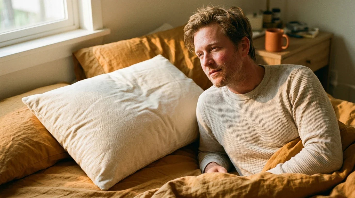 Man waking up in bed beside natural cooling pillow on warm ochre linen — soft morning light editorial shot