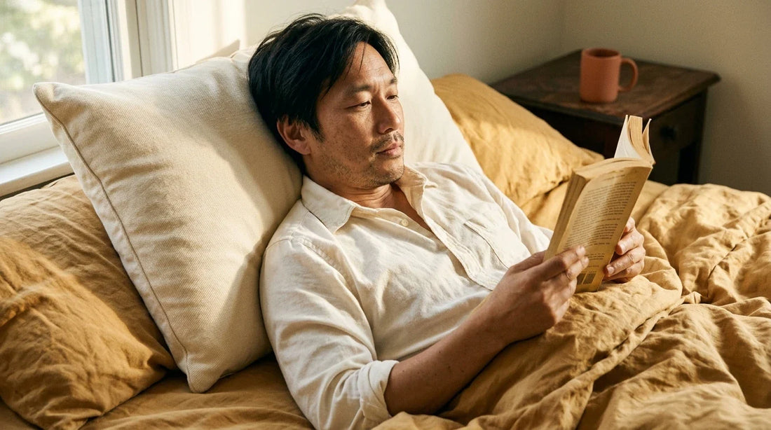 East Asian man reading in bed propped on cream rectangular natural pillow — warm editorial morning light