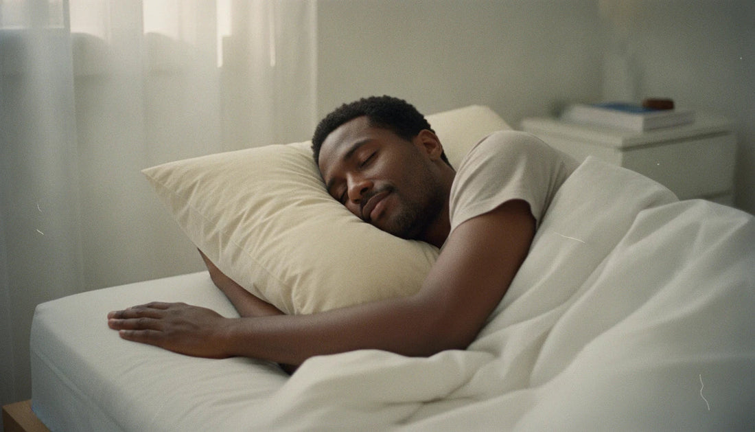 Man sleeping peacefully on his side on a natural pillow in a bright, clean bedroom
