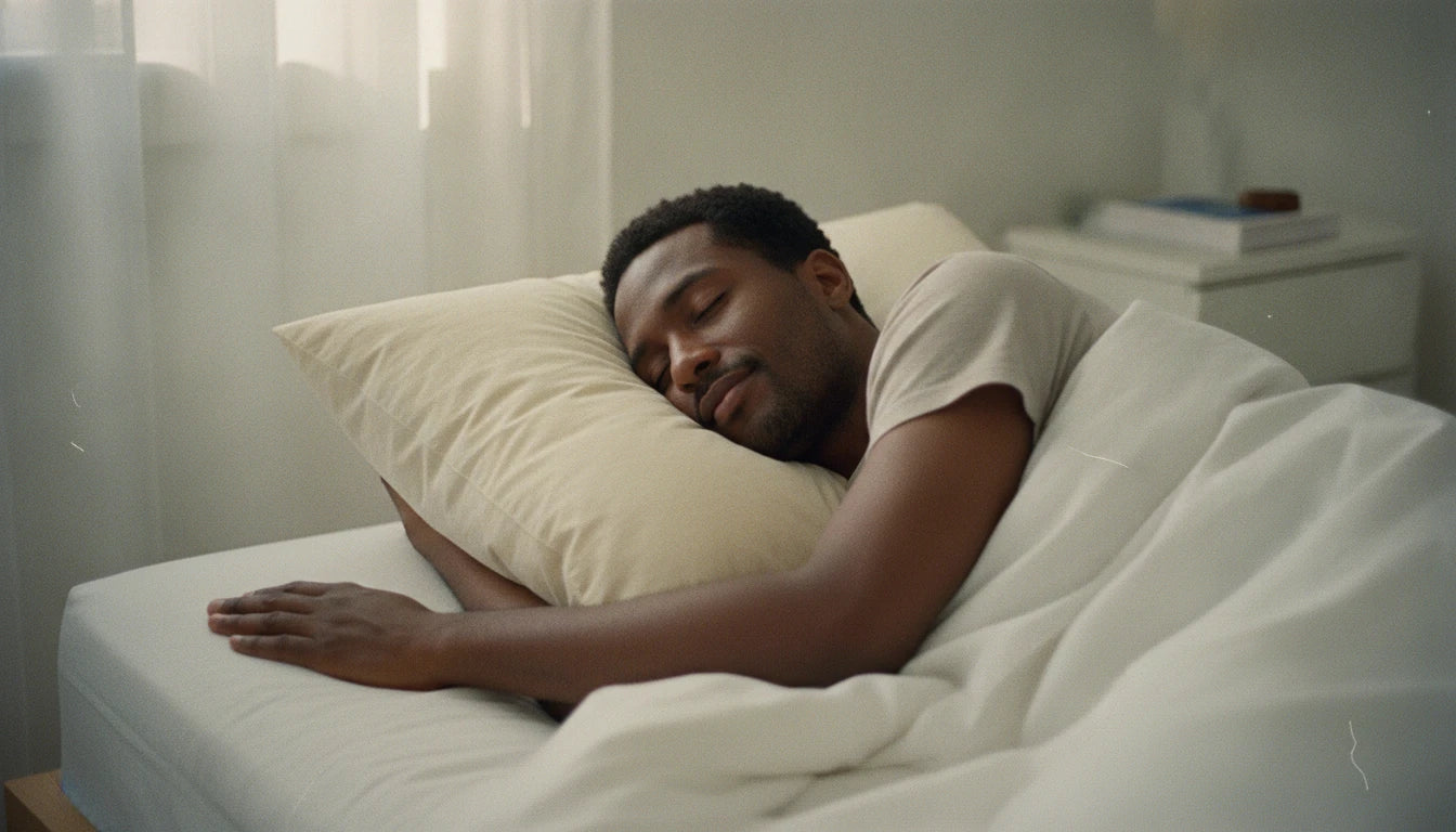 Man sleeping peacefully on his side on a natural pillow in a bright, clean bedroom