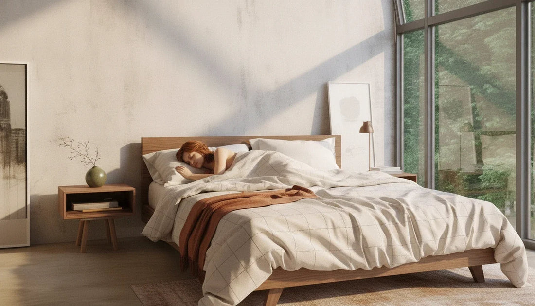 Woman sleeping under a cream organic cotton duvet with a quilted grid pattern in a bright angled-ceiling bedroom