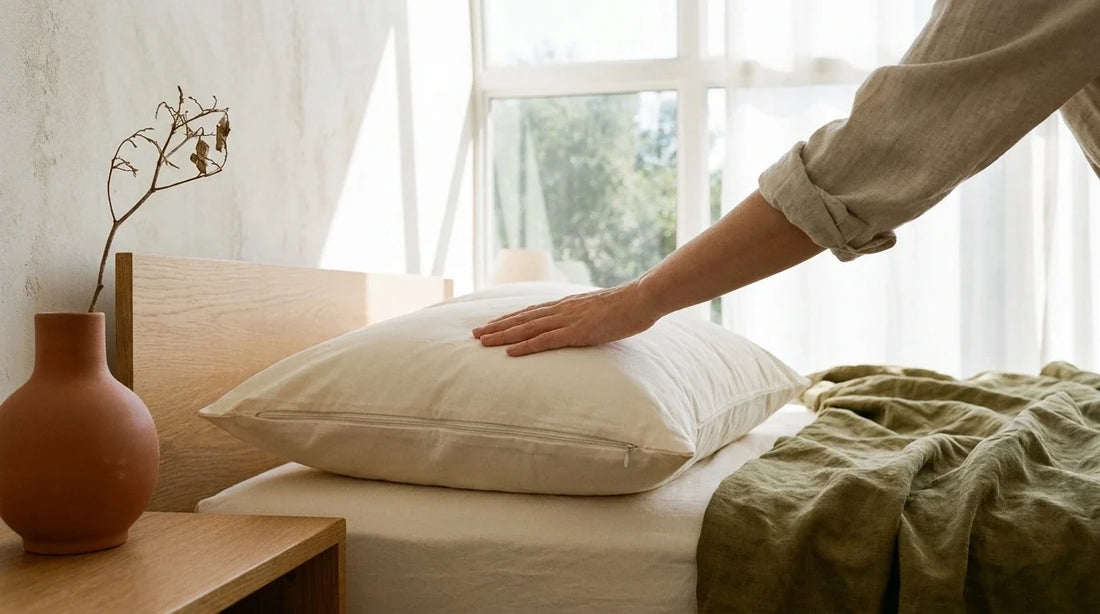 Organic cotton pillow protector with a zippered opening being fitted onto a pillow on a sunlit bed