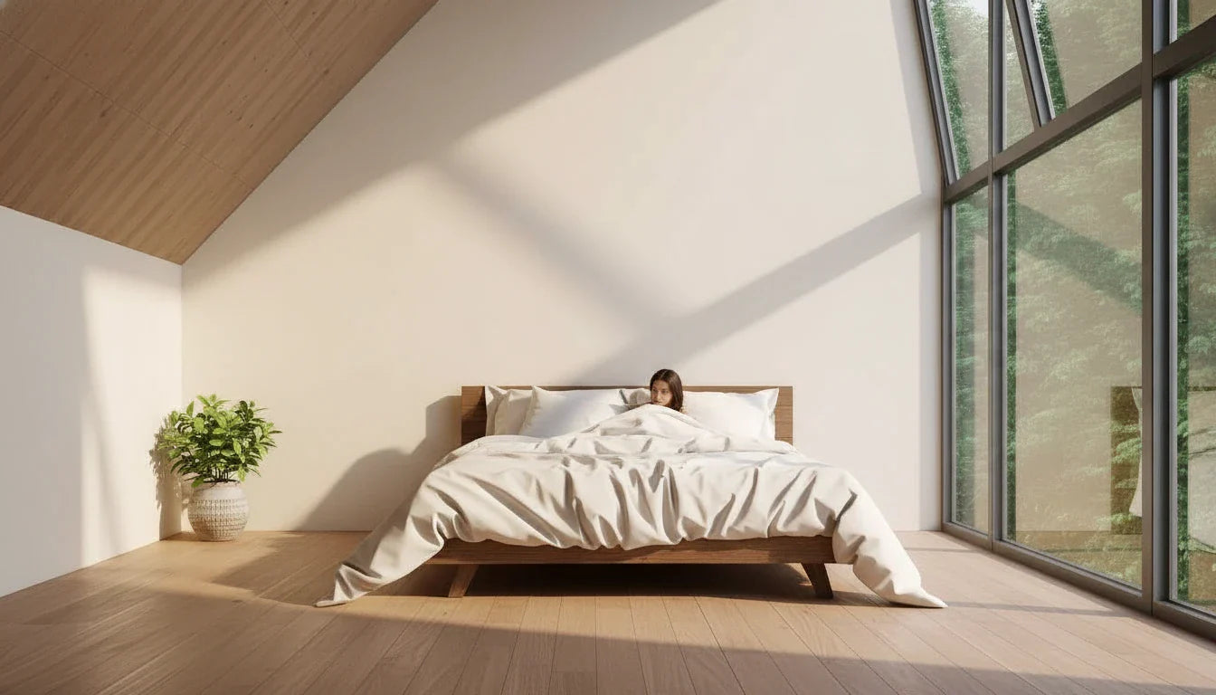 Bright airy A-frame bedroom with angular vaulted ceiling and natural light, woman sleeping under cream linen duvet