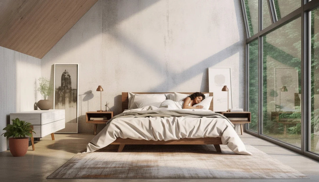 Woman sleeping on her side in a bright cathedral-ceiling bedroom, neck aligned with a rectangular pillow