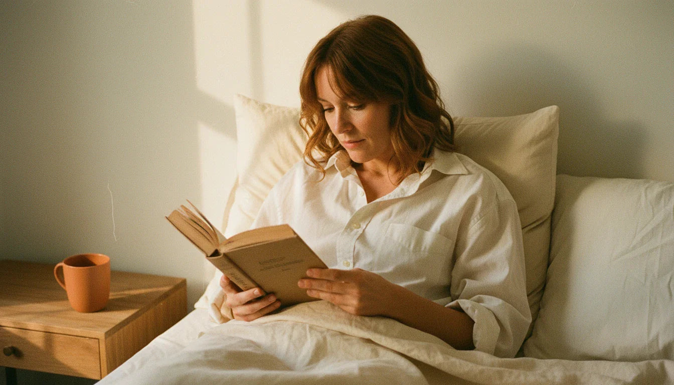 Woman reading in bed propped on cream natural pillow — warm golden-hour editorial lifestyle shot