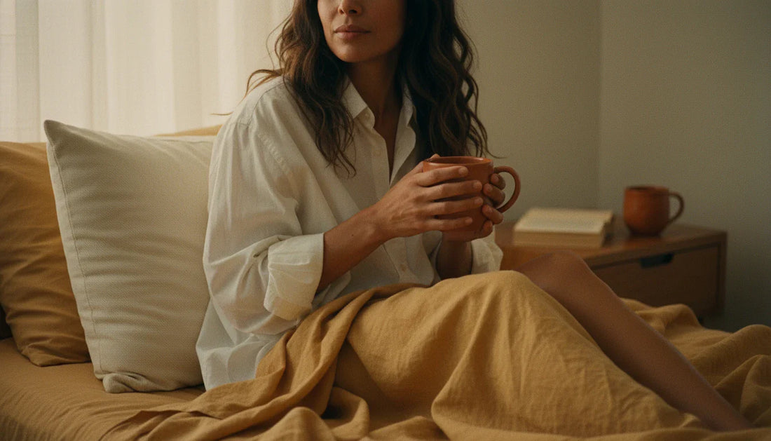 Latina woman holding terracotta mug in bed with cream rectangular pillow — warm morning light editorial