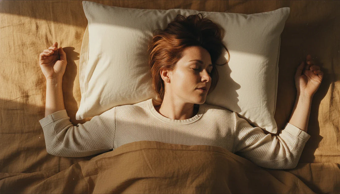 Woman sleeping on back on Circadian buckwheat pillow — overhead editorial lifestyle shot, warm ochre linen