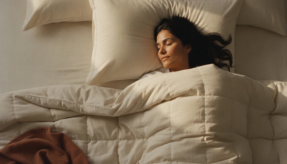 Woman sleeping under a cream organic cotton duvet with visible hand-tufted quilting - overhead shot