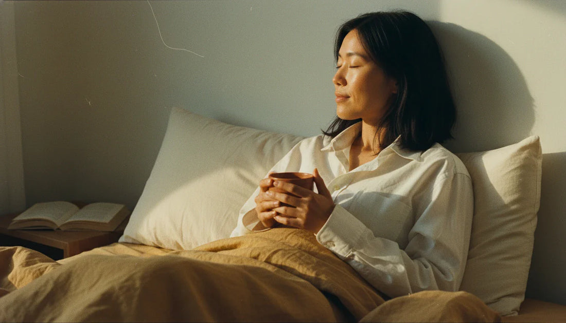 Woman holding terracotta mug in bed on Circadian buckwheat pillow — warm morning lifestyle editorial
