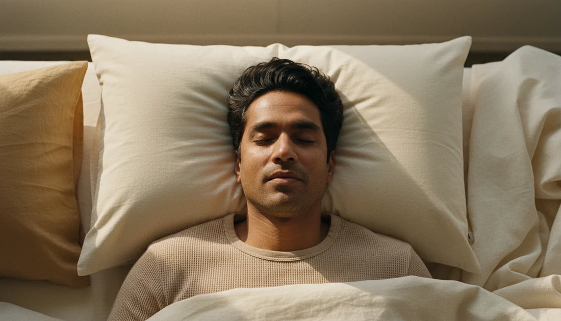 South Asian man sleeping peacefully on back — overhead view, rectangular cream pillow supporting natural cervical curve