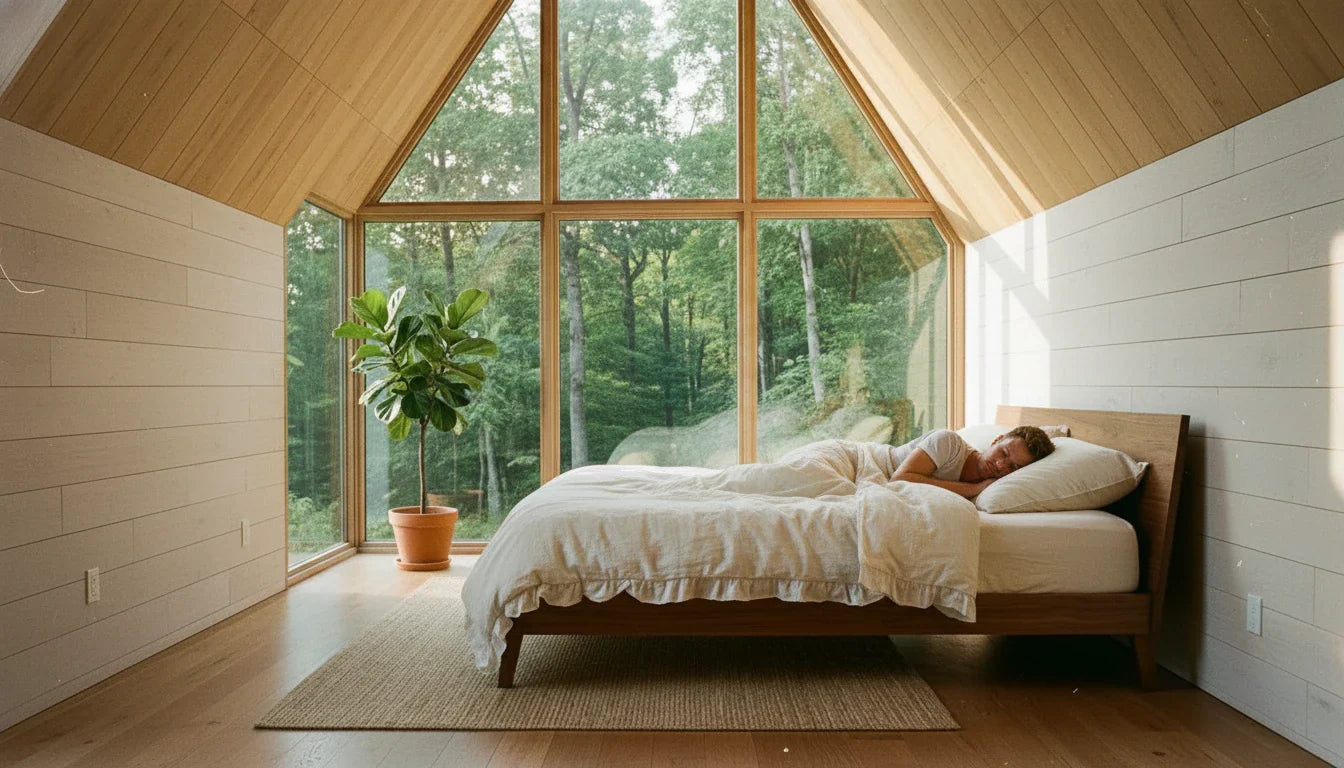 Airy A-frame bedroom with angled wooden ceiling and windows, morning light, person sleeping under cream linen duvet