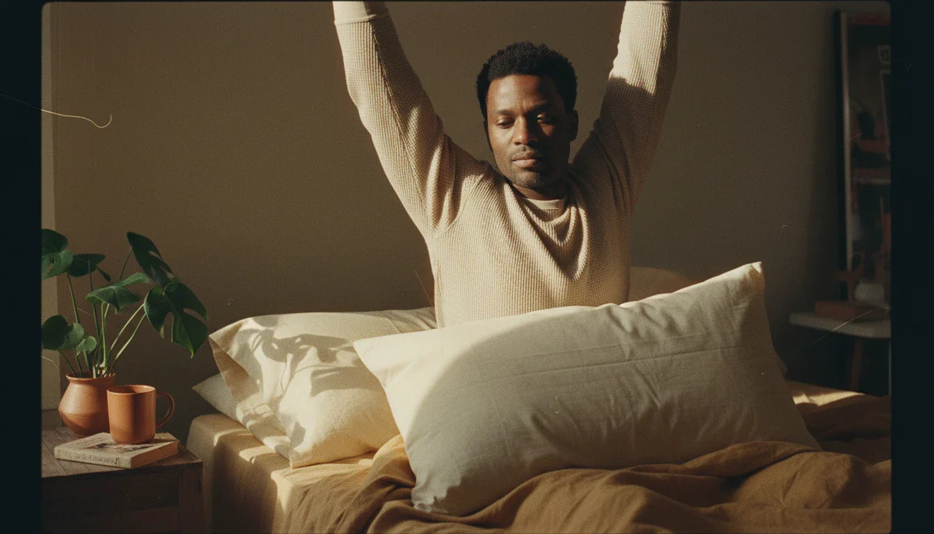 Black man waking up refreshed on cream organic cotton pillow - warm morning light, ochre linen bedding