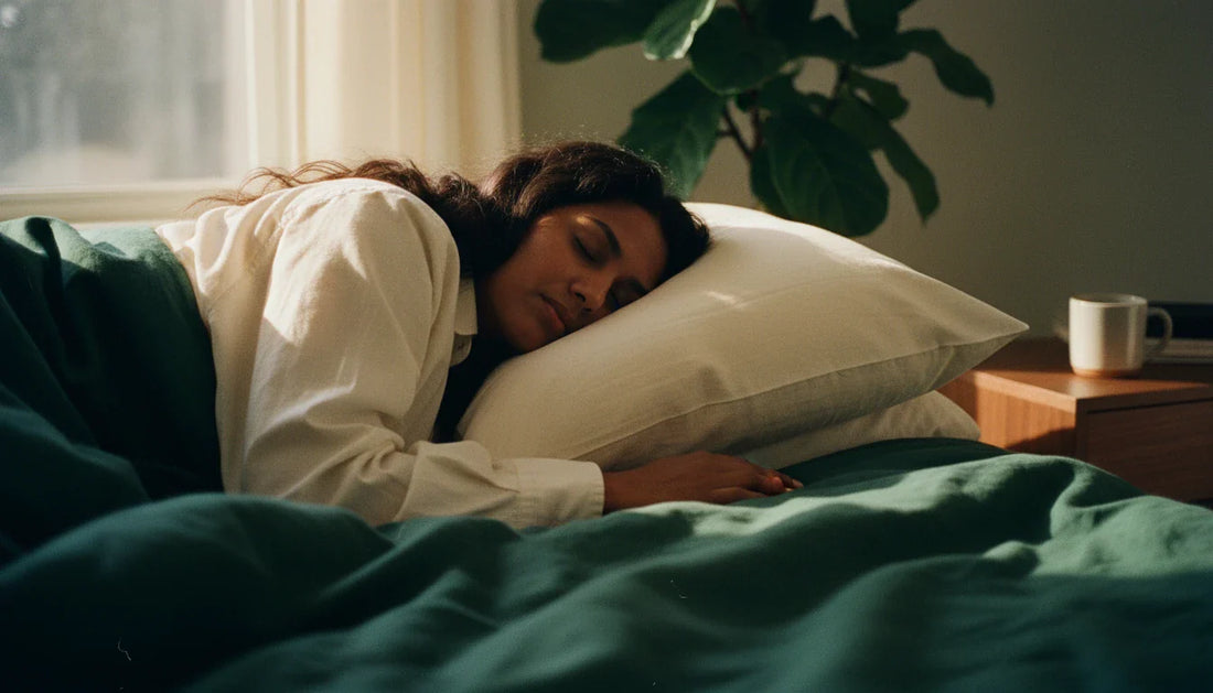 South Asian woman sleeping on side, cream cotton twill rectangular pillow, forest green linen - natural
