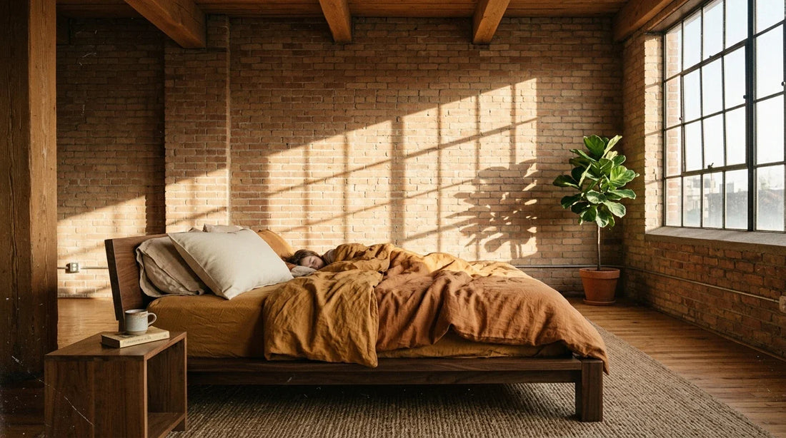 Warm loft bedroom with exposed brick walls and golden morning light — cream rectangular pillow on ochre linen bed