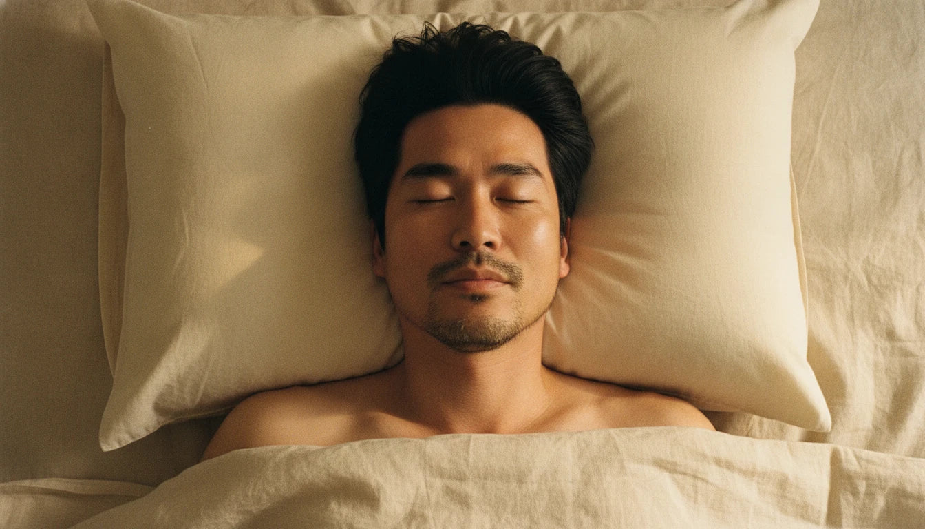 Man sleeping on his back on a rectangular Circadian pillow, neck aligned after loft adjustment