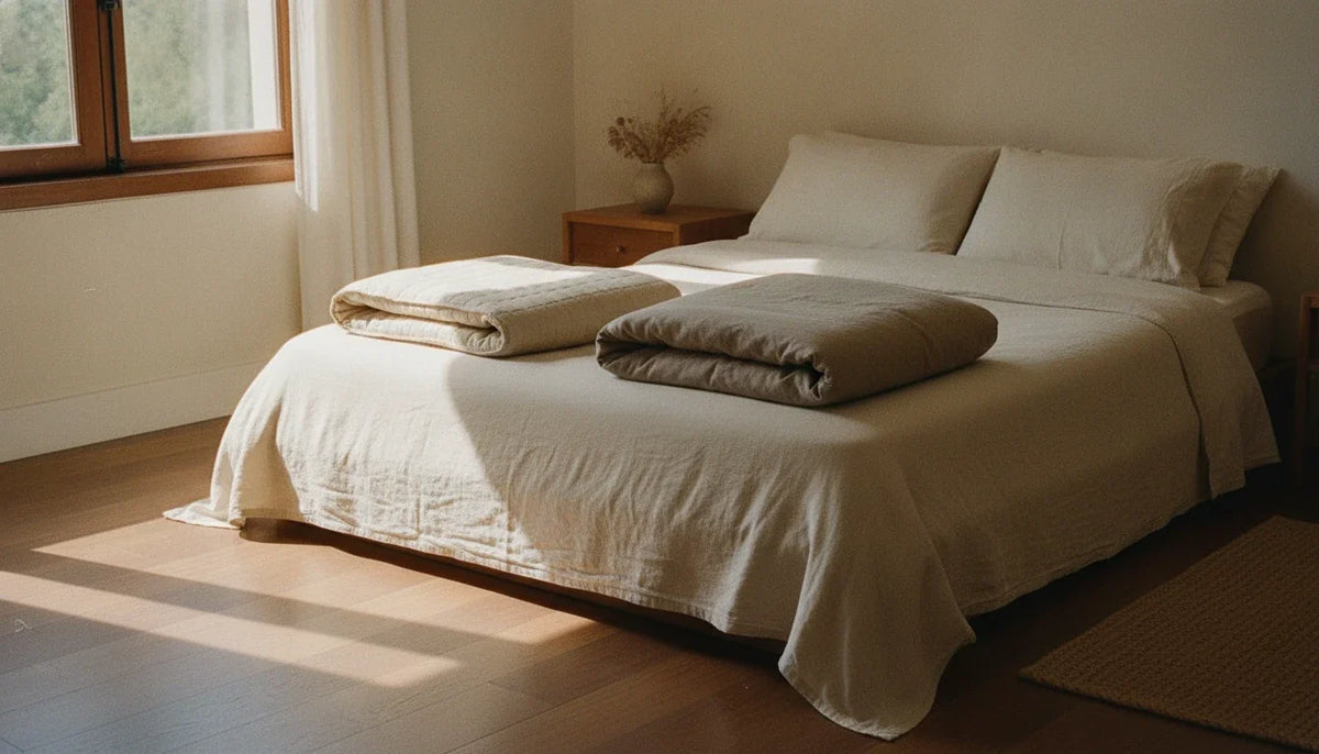 Cream organic cotton duvet and taupe organic wool duvet folded side by side on a bed