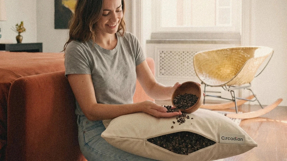 A smiling woman pours buckwheat hulls from a small bowl into her open Circadian Buckwheat Pillow.