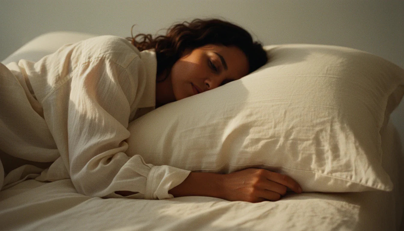Woman lying on cream kapok pillow on warm linen bedding, face turned away, golden hour light