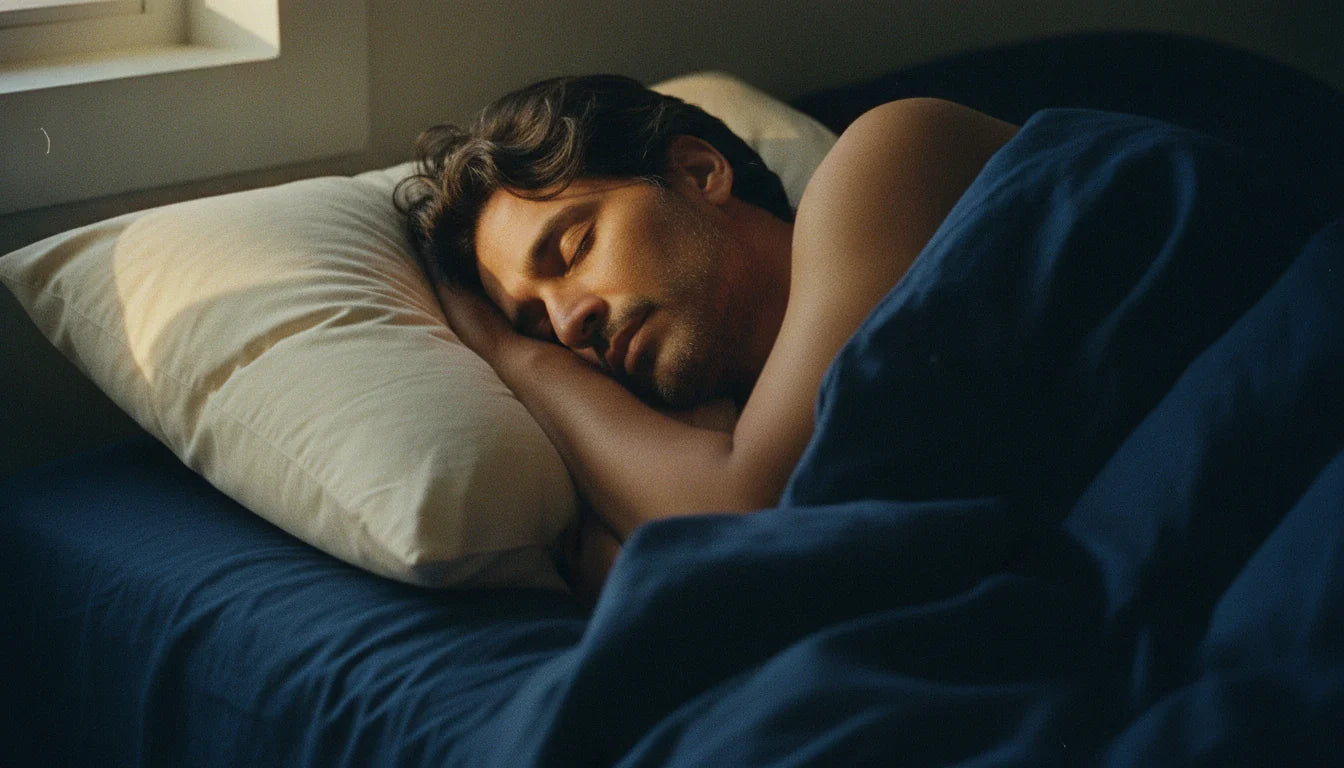 South Asian man sleeping on side on Circadian buckwheat pillow — warm 35mm editorial cervical alignment shot
