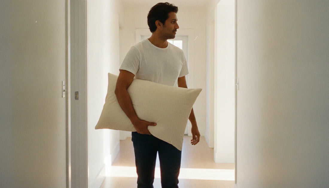 Man carrying a cream organic cotton twill pillow through a bright sunlit hallway