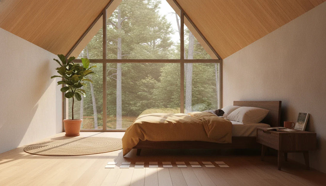 Wide A-frame bedroom with kapok pillow on ochre linen — architectural establishing shot for kapok pillow comparison