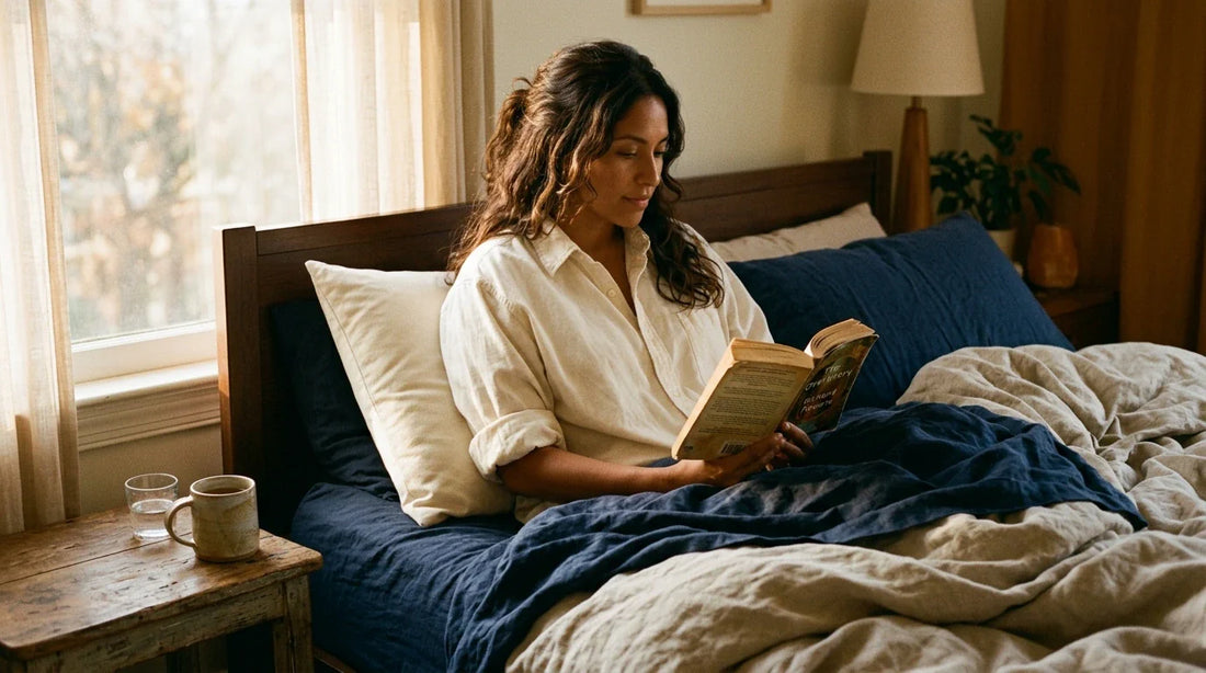 Woman reading in bed propped against a cream rectangular latex pillow, morning light, navy linen bedding