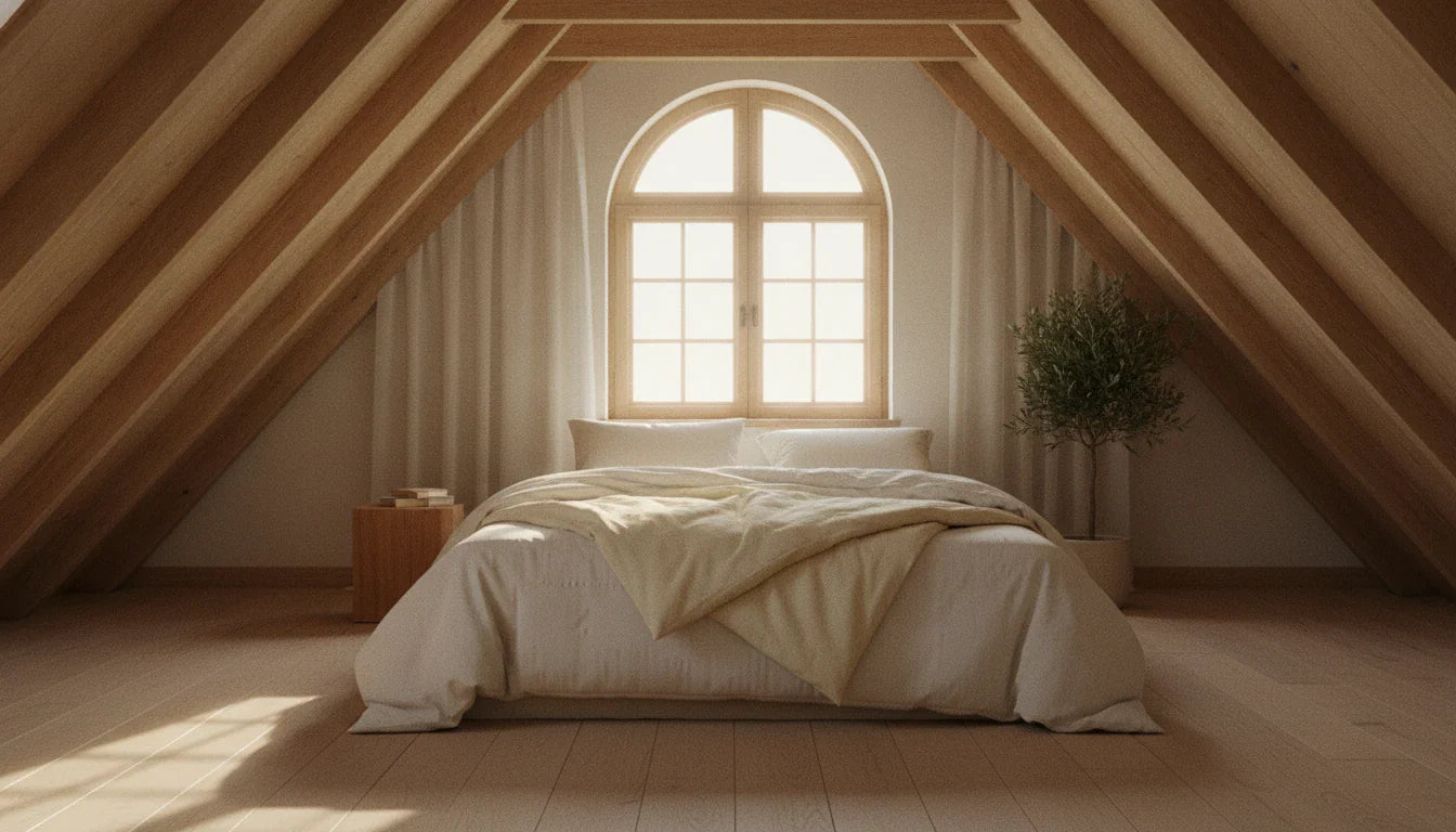 Bright A-frame bedroom with organic cotton and organic wool duvets folded together on a bed
