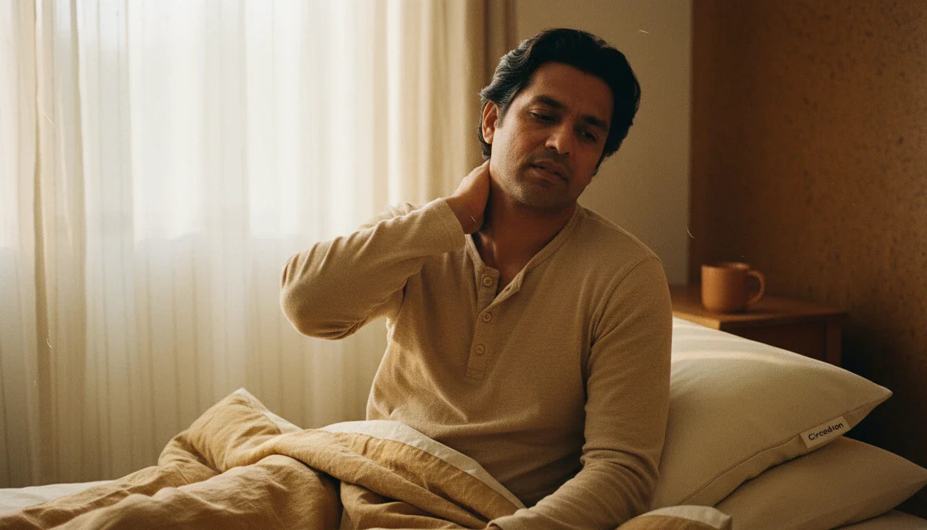 Man sitting up in bed rubbing his neck with morning stiffness, cream rectangular pillow behind him