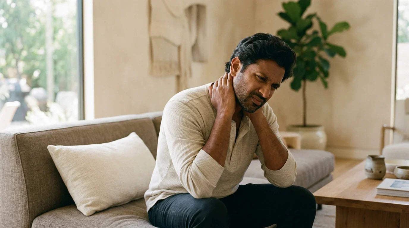 South Asian man sitting on modern sofa rubbing his neck in pain, minimal California living room, cream rectangular pillow beside him