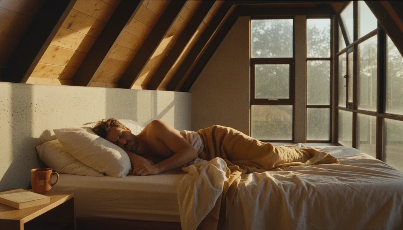Man sleeping on side in warm A-frame bedroom on cream natural pillow — wide editorial lifestyle shot