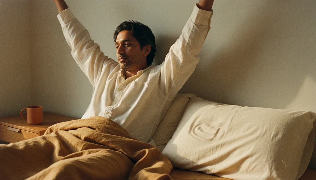 South Asian man waking up on Circadian buckwheat pillow, stretching in warm morning light - lifestyle editorial shot