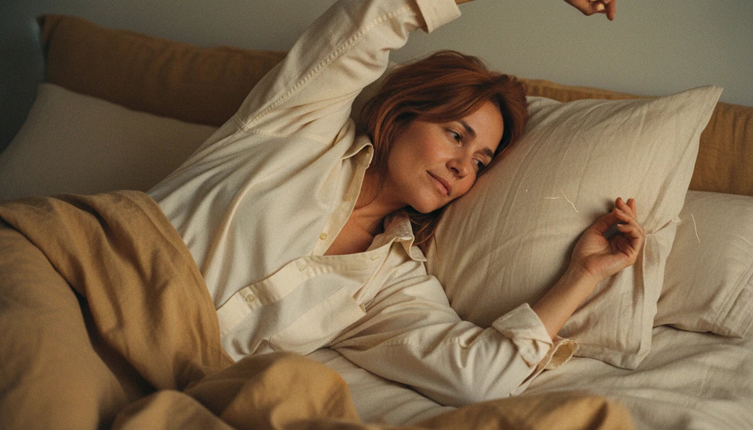Woman waking up on cream pillow in warm linen bedding — soft morning light editorial lifestyle shot