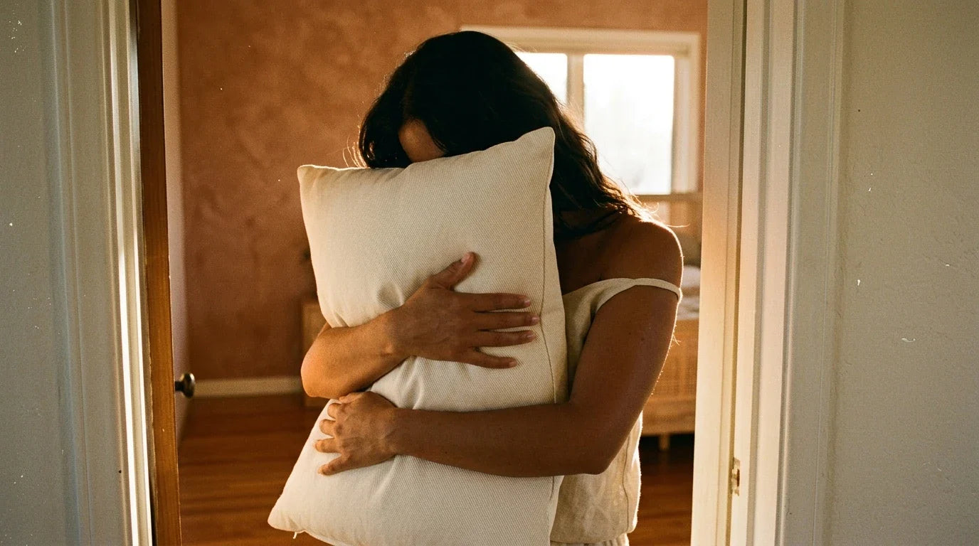 Latina woman hugging a rectangular cream pillow in a bedroom doorway — warm editorial lifestyle shot