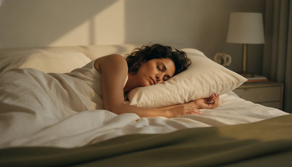 Woman sleeping on her side with her neck aligned against a rectangular natural pillow