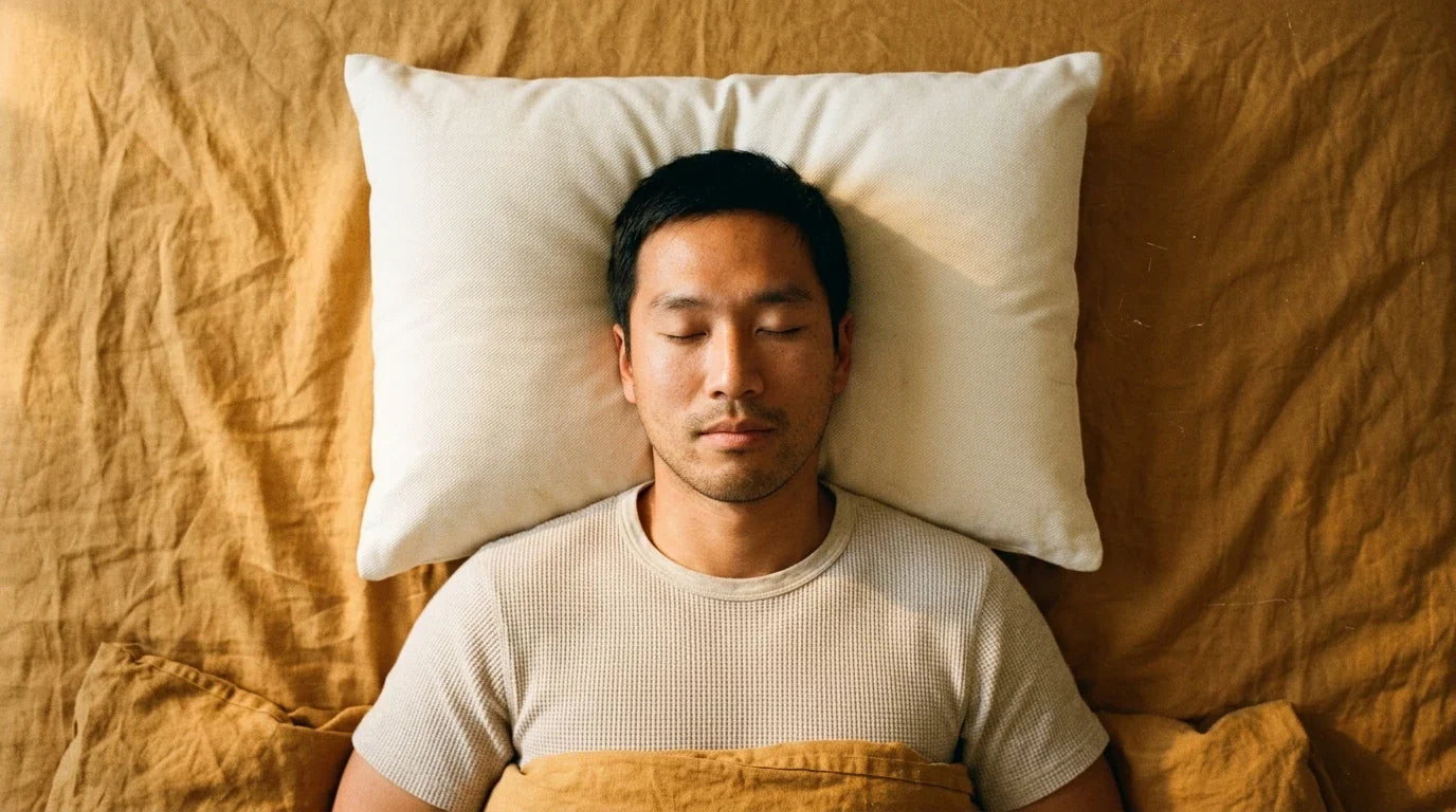 East Asian man sleeping on back, neck in cervical alignment on cream rectangular pillow — warm overhead editorial shot