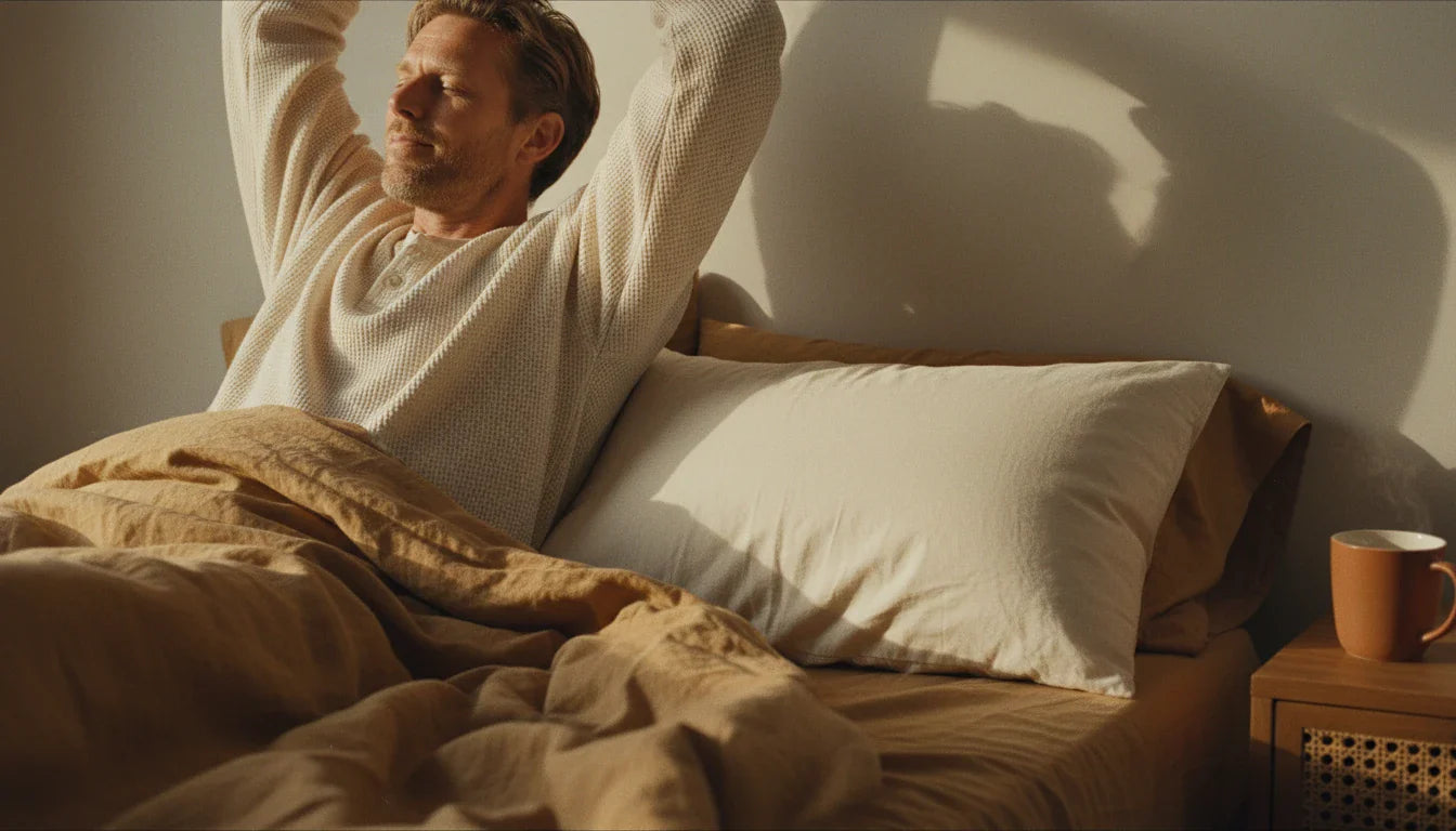 Man waking up refreshed on cream buckwheat pillow in warm morning light - editorial lifestyle shot