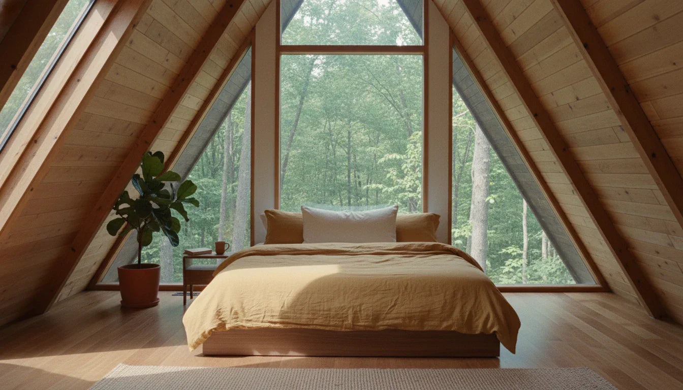 Bright A-frame bedroom with vaulted ceiling and forest windows - Circadian buckwheat pillow on ochre linen